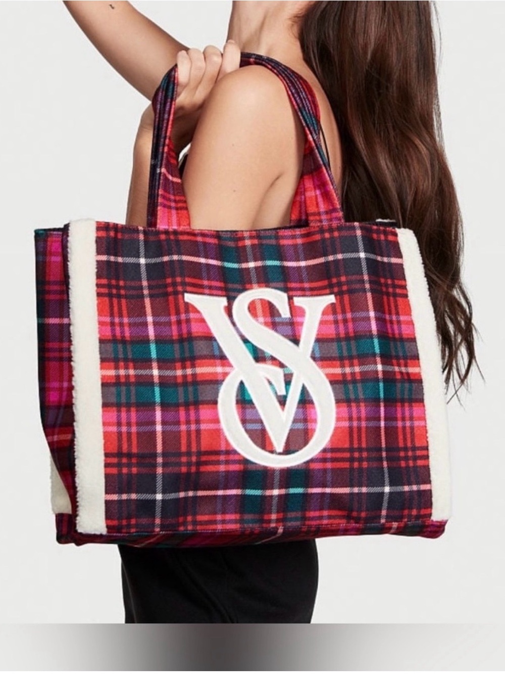 Victoria's Secret Red and Black Plaid Tote with White Shearling VS Logo